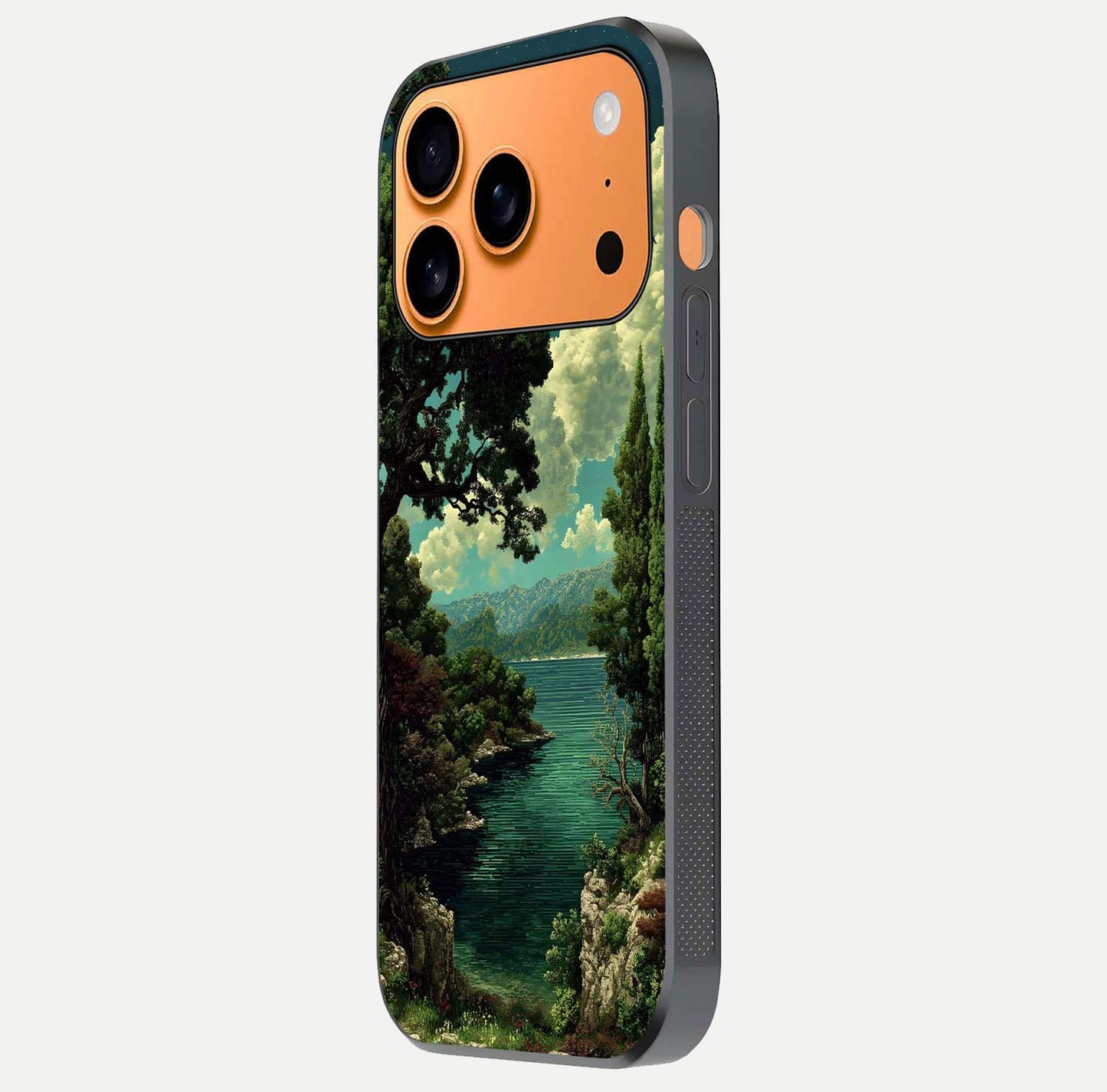 Celestial Lake Peace Glass Case for iPhone 17 Pro Max side-angle image displaying reflective glow and gentle edges