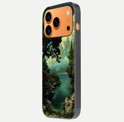 Celestial Lake Peace Glass Case for iPhone 17 Pro Max side-angle image displaying reflective glow and gentle edges