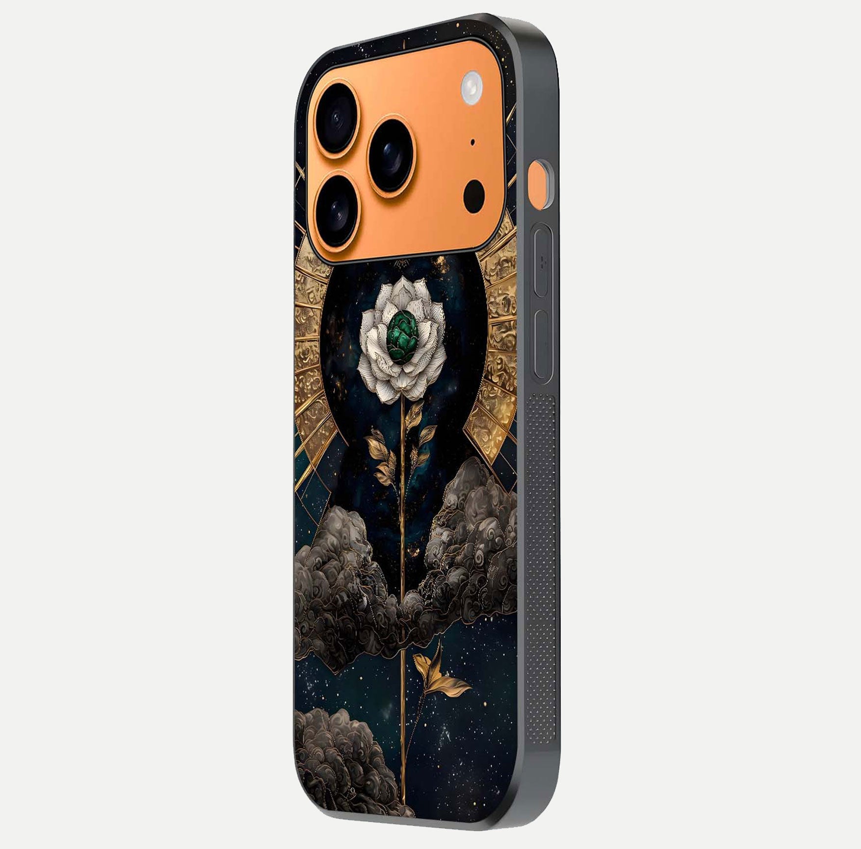 Celestial Lotus Morang Glass Case for iPhone 17 Pro Max side-angle image capturing shine and smooth curvature