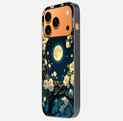 Celestial Moon & Flower Glass Case for iPhone 17 Pro Max side-angle image showing edge smoothness and glow reflection