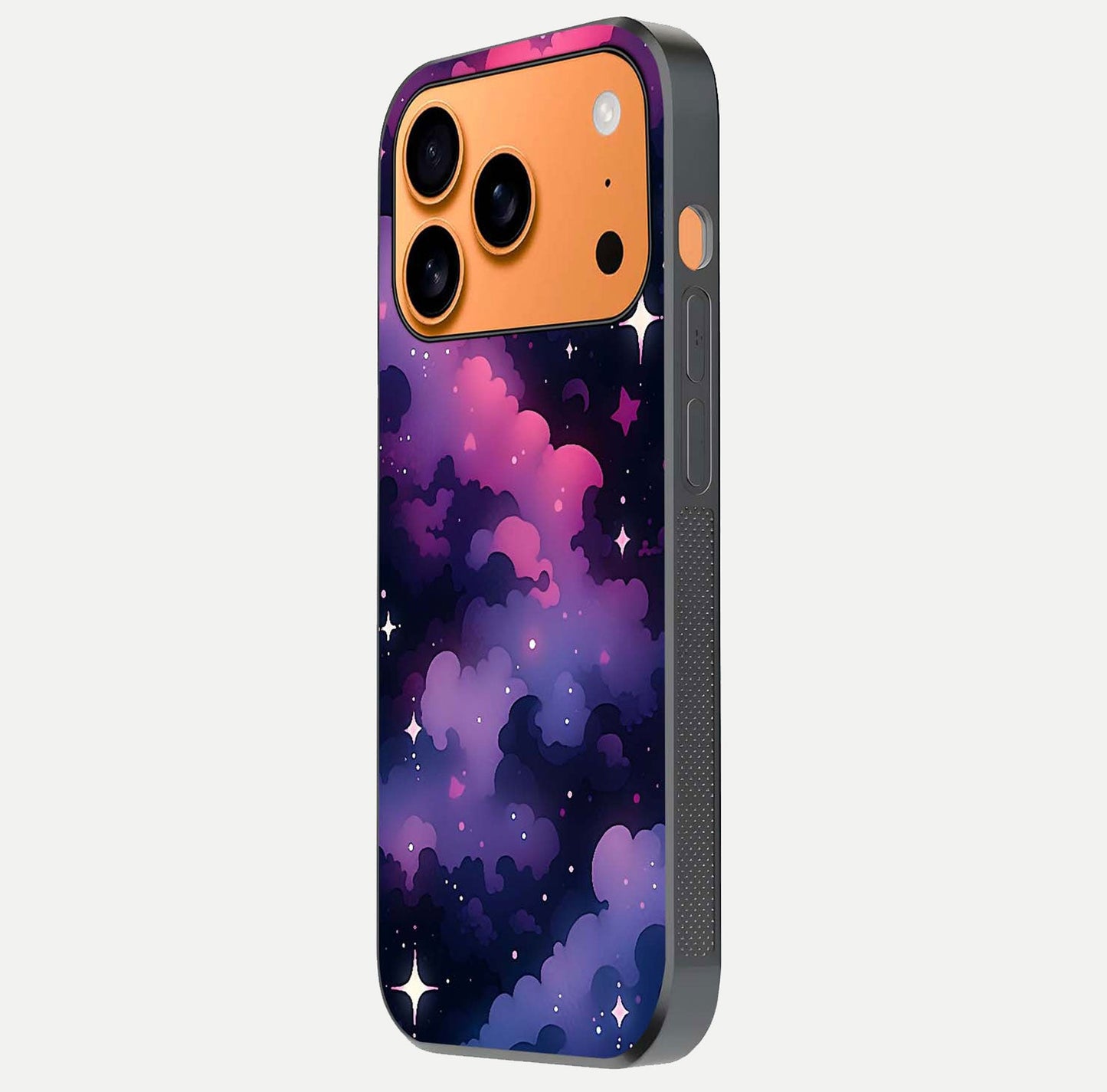 Celestial Moon Magic Glass Case for iPhone 17 Pro Max side-angle shot capturing soft reflection and curved gloss