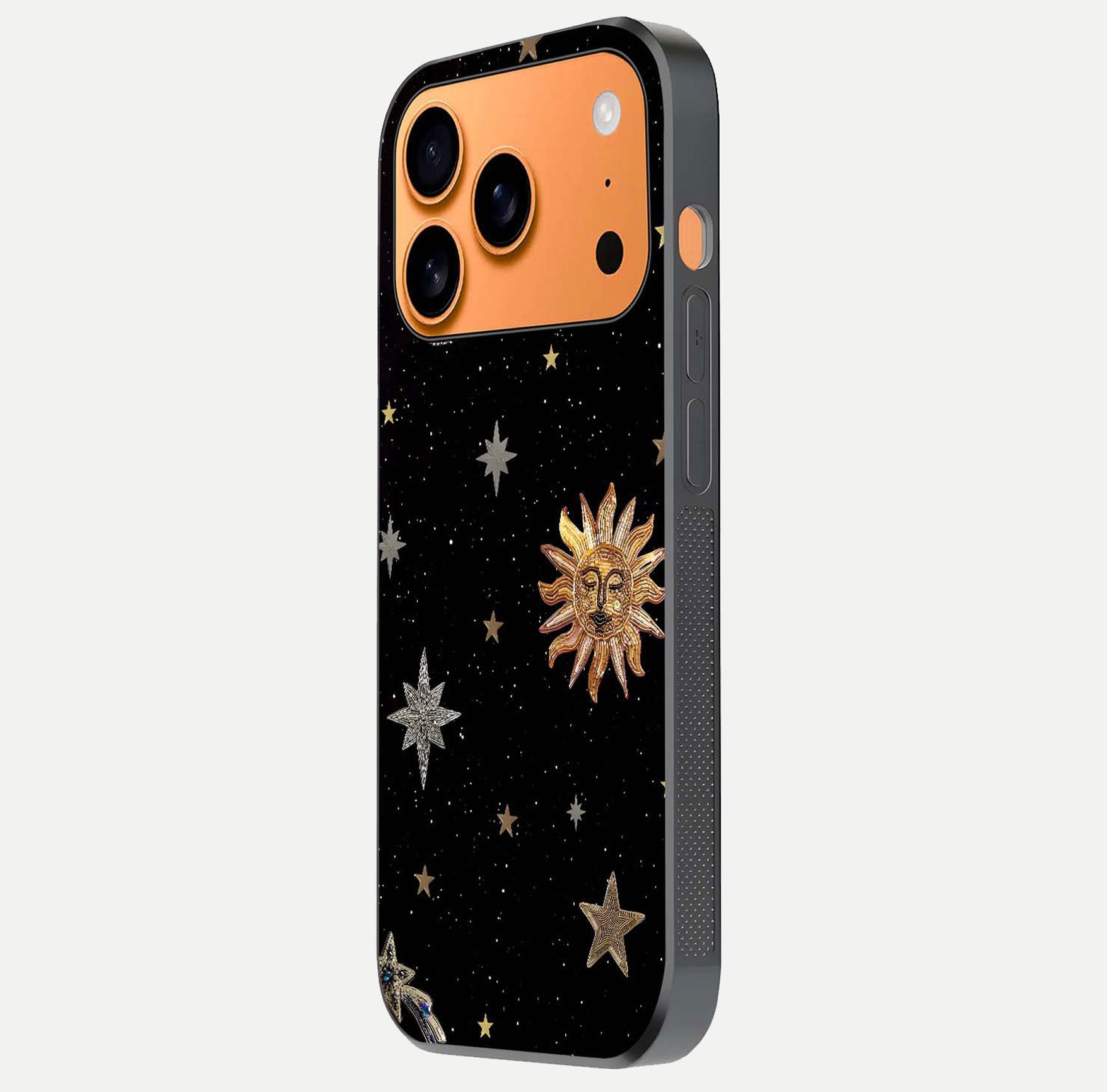 Celestial Moon With Stars Glass Case for iPhone 17 Pro Max side-angle view showing curved edges and shimmer glow