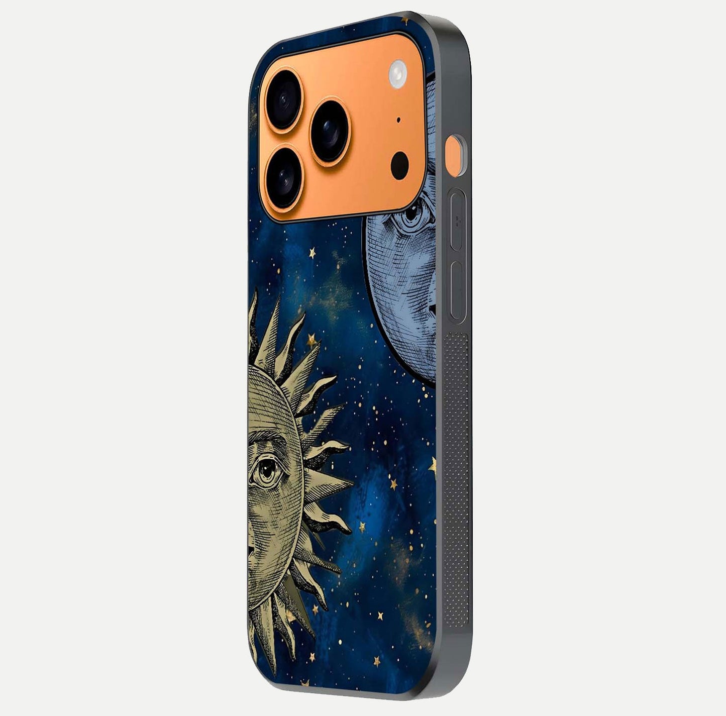 Celestial Moon With Sun Glass Case for iPhone 17 Pro Max side-angle image showing reflection tones and cosmic edge