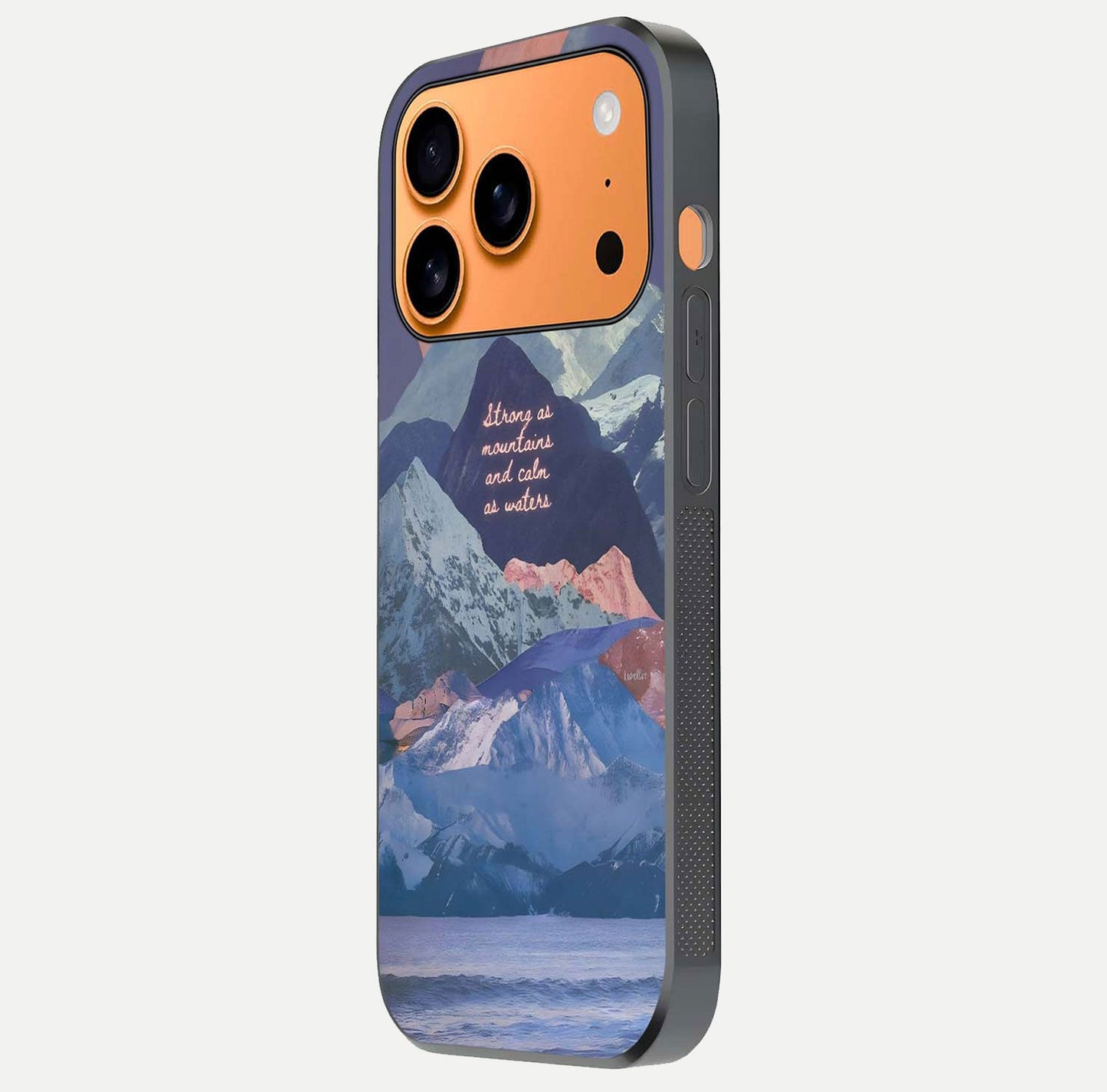 Celestial Mountain Calm Glass Case for iPhone 17 Pro Max side-angle image capturing mountain detail and shine gradient