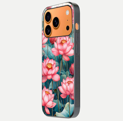 Celestial Pink Lotus Glass Case for iPhone 17 Pro Max side-angle image showing reflective shine and petal curve