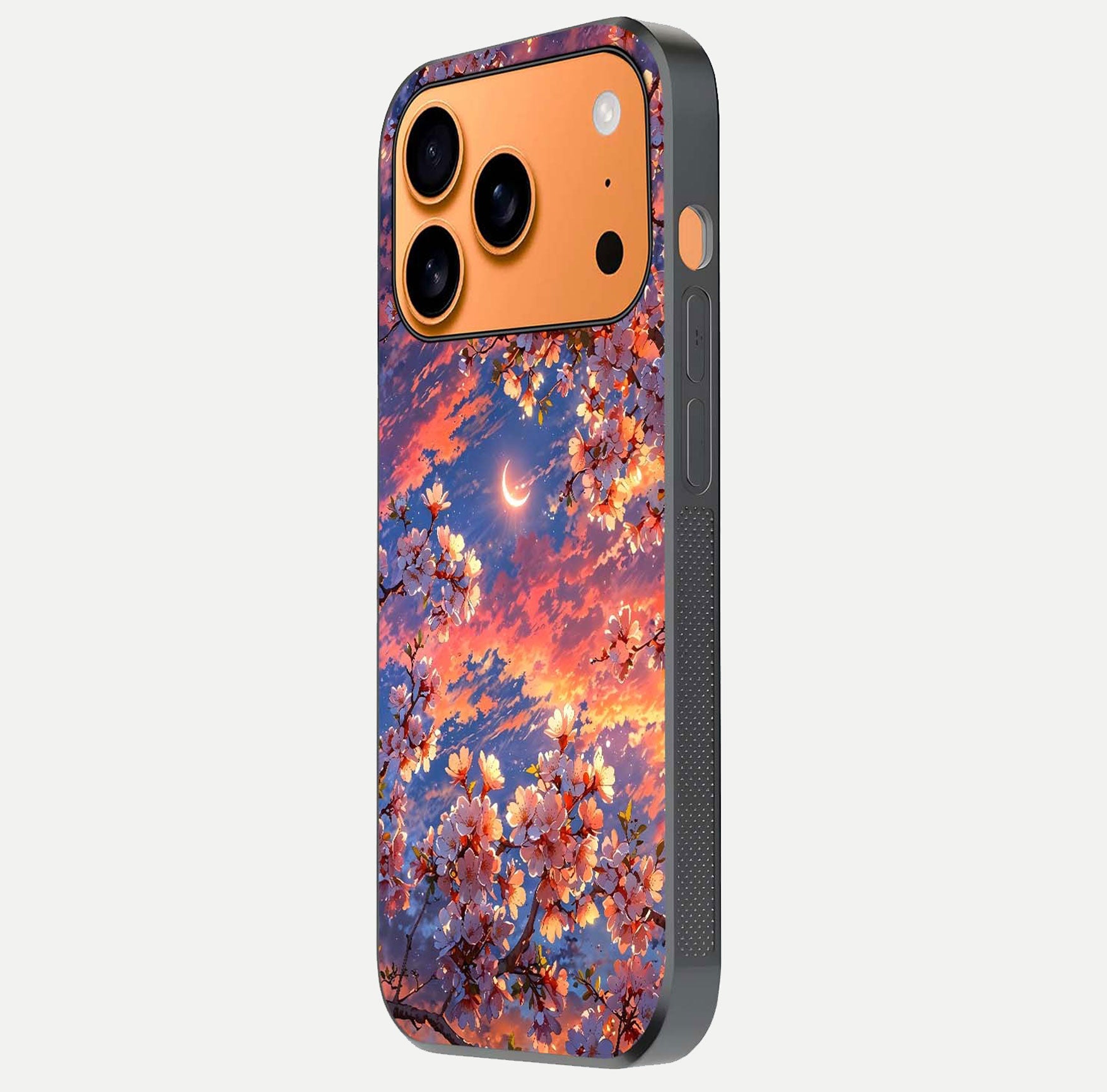 Celestial Sakura Sunset Glass Case for iPhone 17 Pro Max side-angle image showing edge glow and petal texture