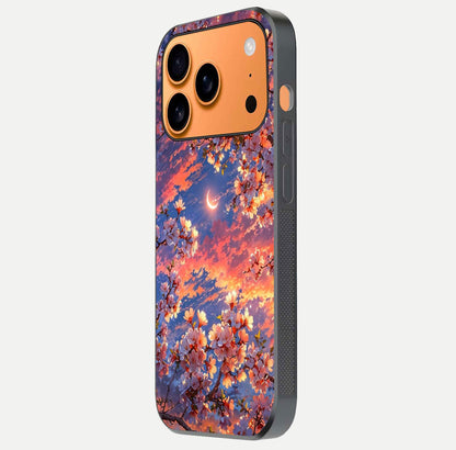Celestial Sakura Sunset Glass Case for iPhone 17 Pro Max side-angle image showing edge glow and petal texture