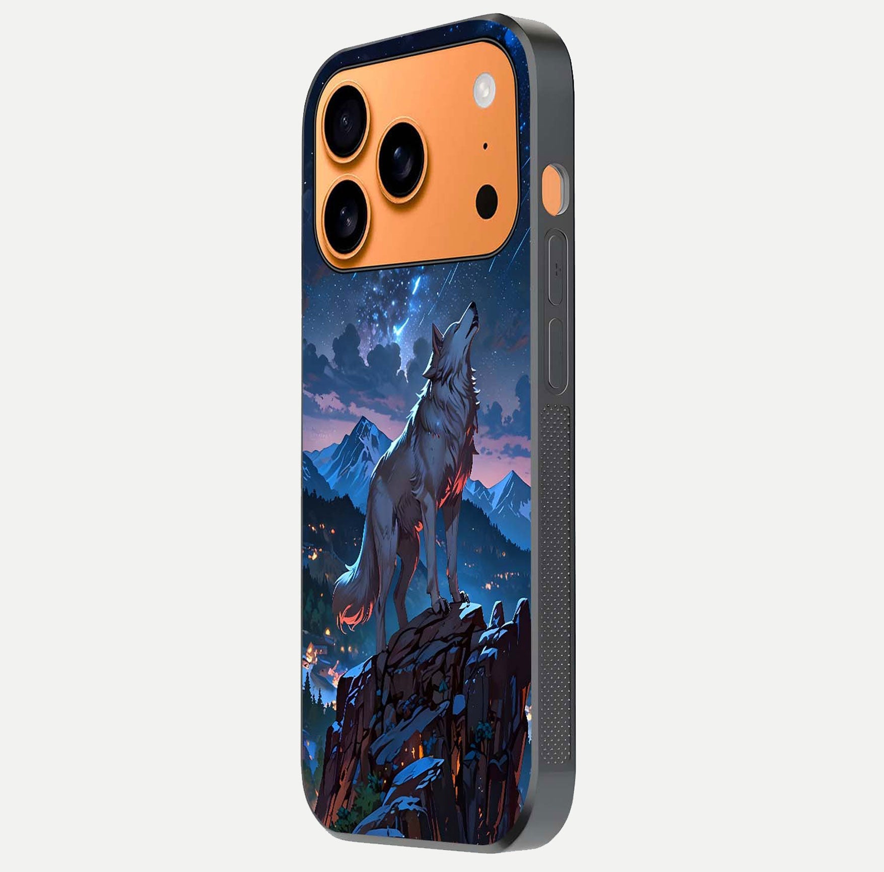 Celestial Wolf Howl Glass Case for iPhone 17 Pro Max side-angle image showing curve polish and moon glow
