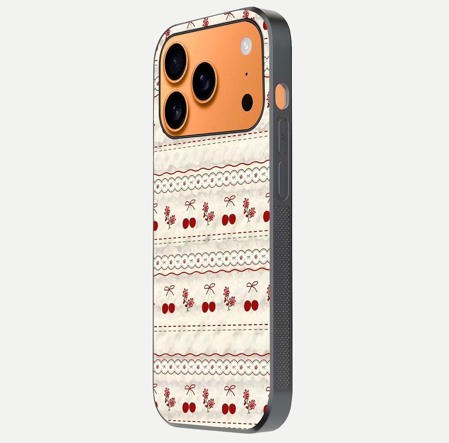 Cherry Bloom Charm Glass Case for iPhone 17 Pro Max side-angle photo showing flower detail and edge light