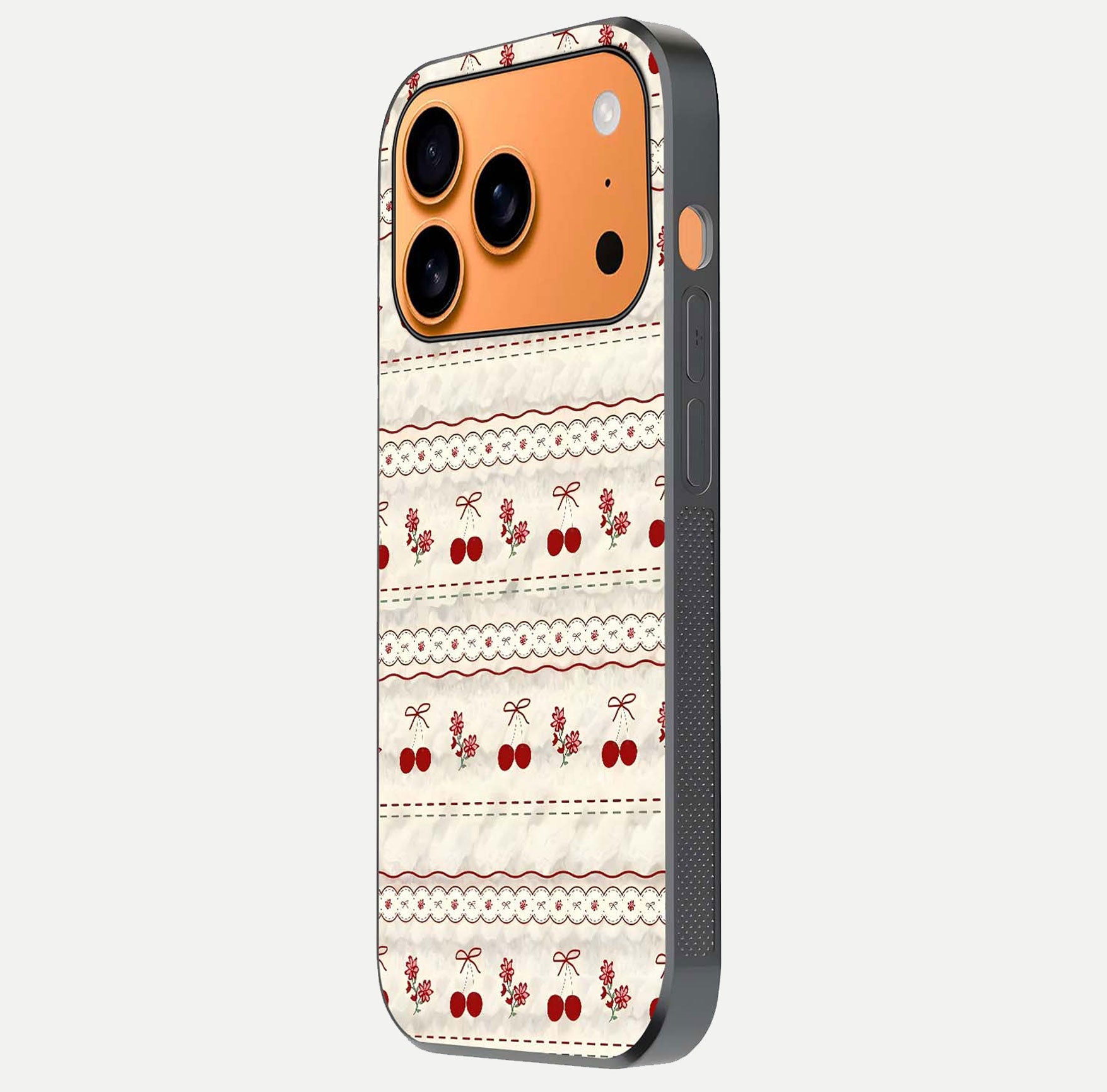 Cherry Bloom Charm Glass Case for iPhone 17 Pro Max side-angle photo showing flower detail and edge light