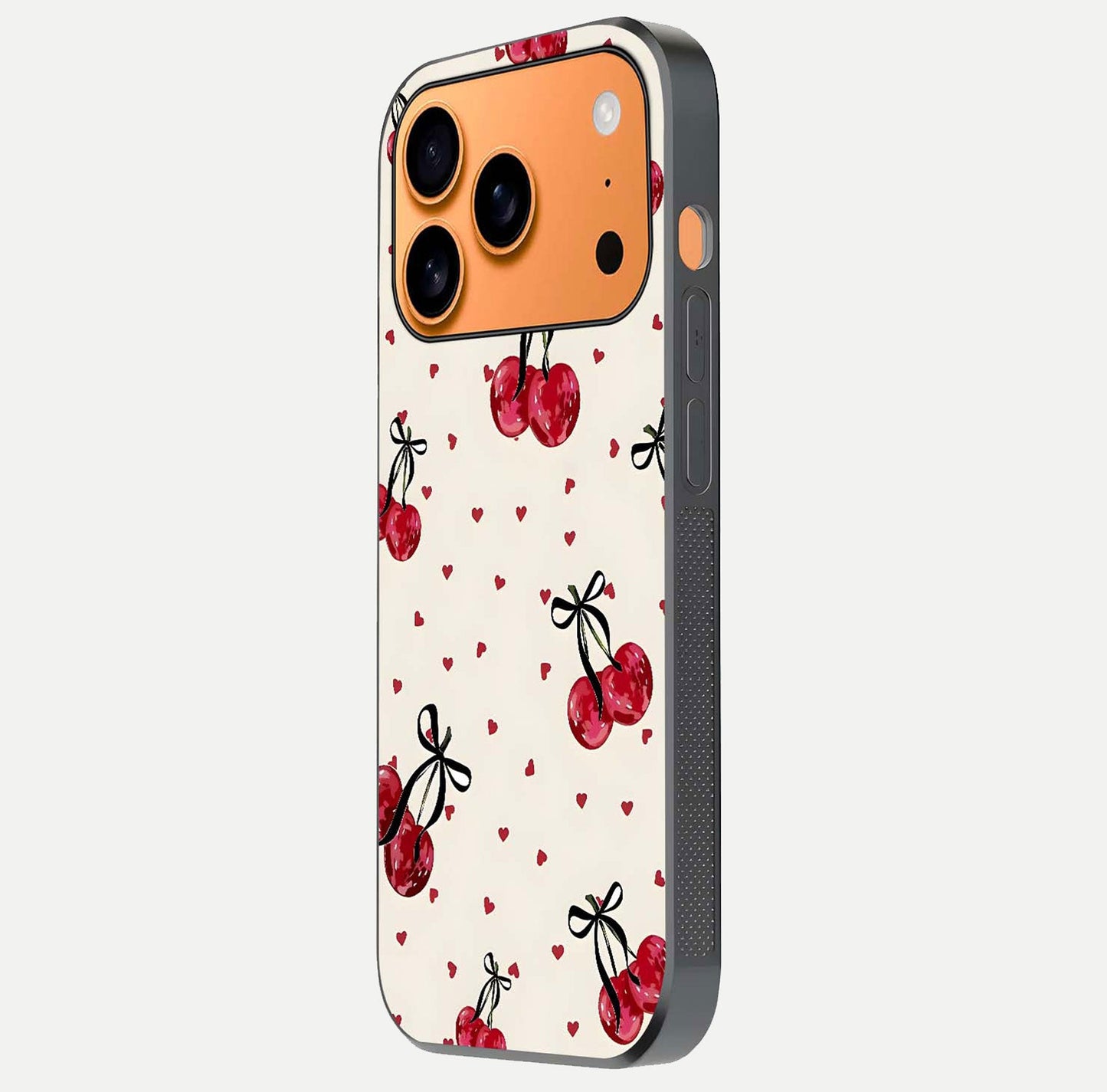 Cherry Heart Bow Glass Case for iPhone 17 Pro Max side-angle image capturing gloss texture and charm bow art