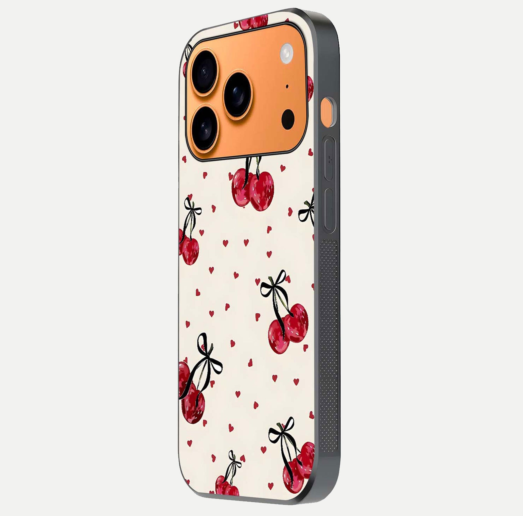 Cherry Heart Bow Glass Case for iPhone 17 Pro Max side-angle image capturing gloss texture and charm bow art