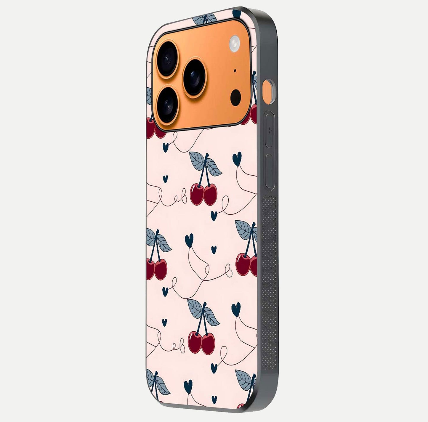 Cherry Heart Line Glass Case for iPhone 17 Pro Max side-angle view capturing smooth curves and shine effect