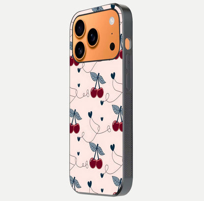 Cherry Heart Line Glass Case for iPhone 17 Pro Max side-angle view capturing smooth curves and shine effect