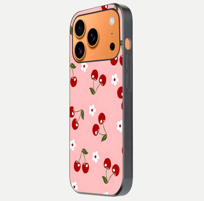 Cherry Love Mood Glass Case for iPhone 17 Pro Max side-angle image capturing smooth gloss and delicate details
