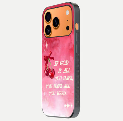 Cherry Quote Glass Case for iPhone 17 Pro Max side-angle image showing curve glow and glass detail