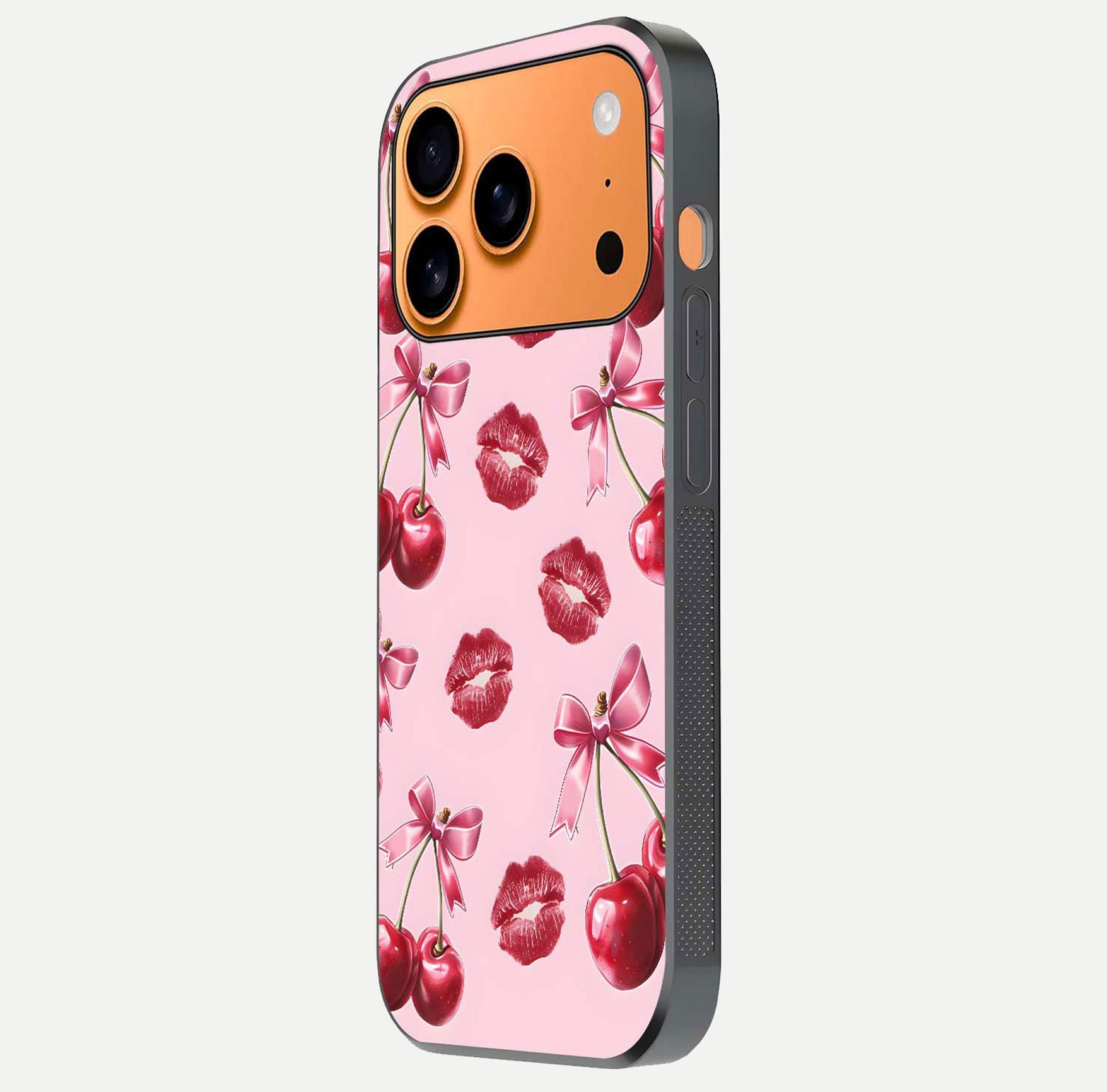 Cherry With Lips Glass Case for iPhone 17 Pro Max side-angle image showing gloss reflection and fine details