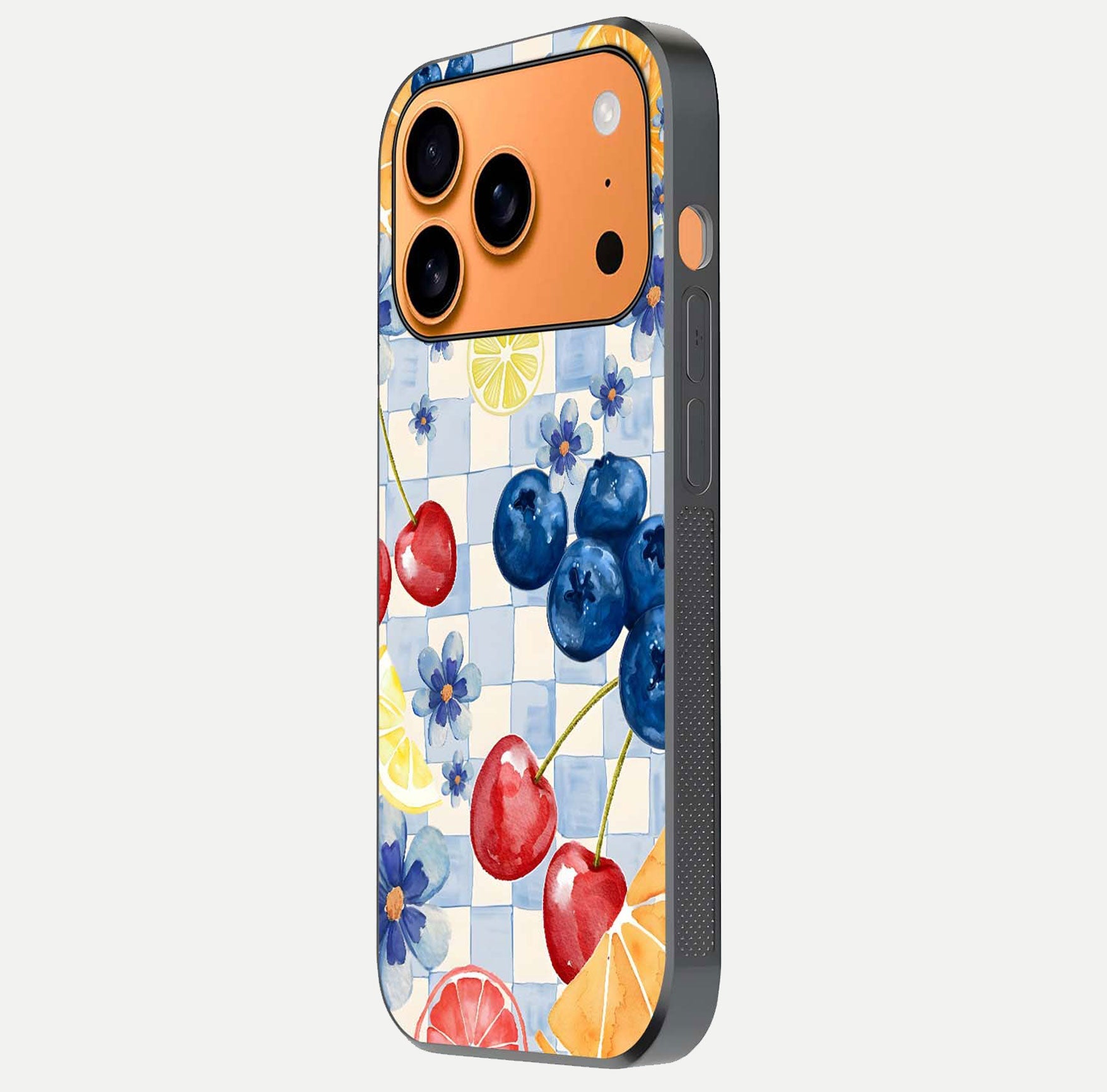 Citrus Bloom Joy Glass Case for iPhone 17 Pro Max side-angle photo capturing bright color and glass reflection