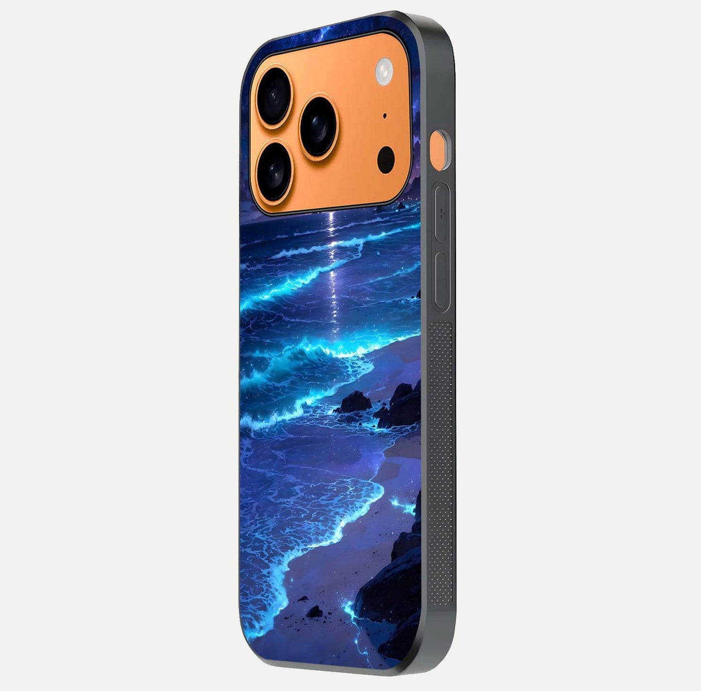Classic Damn Look Glass Case for iPhone 17 Pro Max side-angle photo showing shine texture and curve reflection