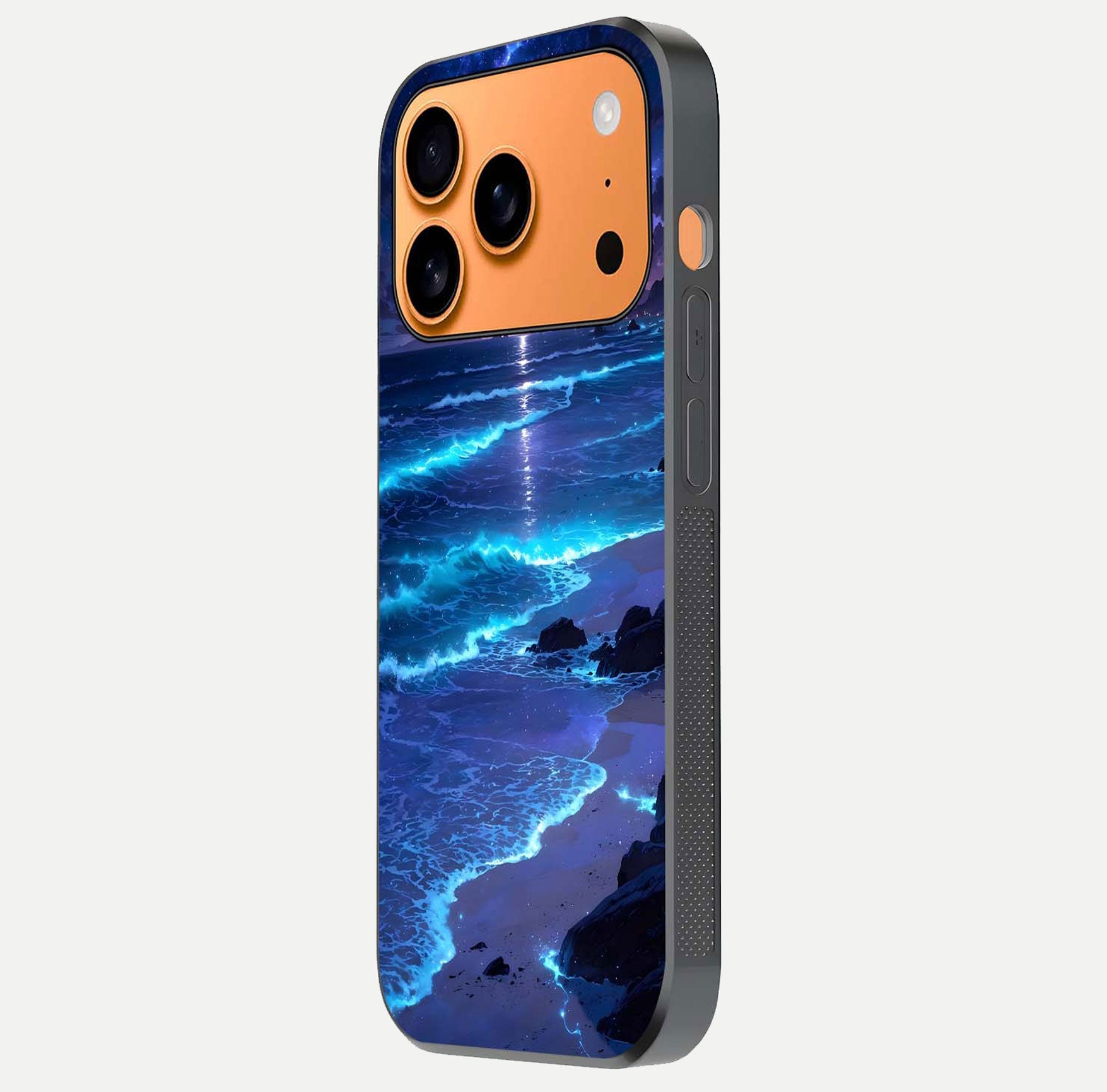 Classic Damn Look Glass Case for iPhone 17 Pro Max side-angle photo showing shine texture and curve reflection