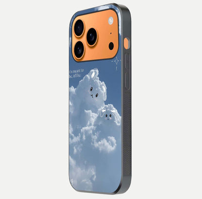 Cloud Bunny Dreams Glass Case for iPhone 17 Pro Max side-angle image capturing gloss texture and edge glow
