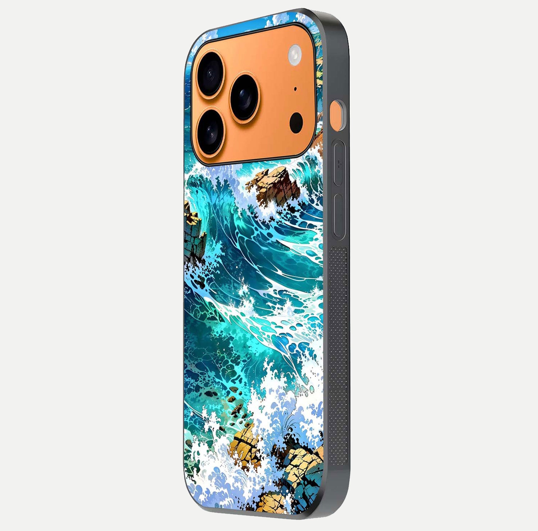 Coastal Blue Waves Glass Case for iPhone 17 Pro Max side-angle photo showing gloss texture and color depth
