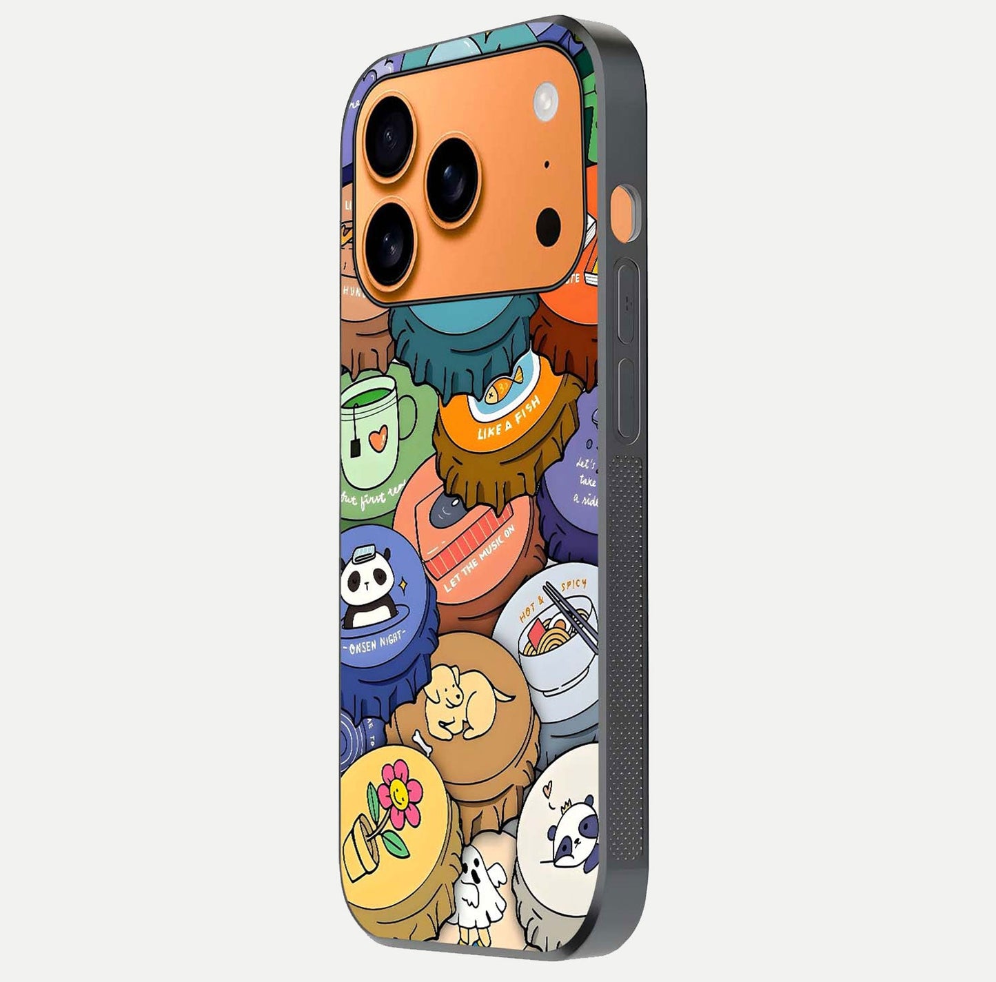 Coins Patterns Glass Case for iPhone 17 Pro Max side-angle photo capturing shine finish and curve glow