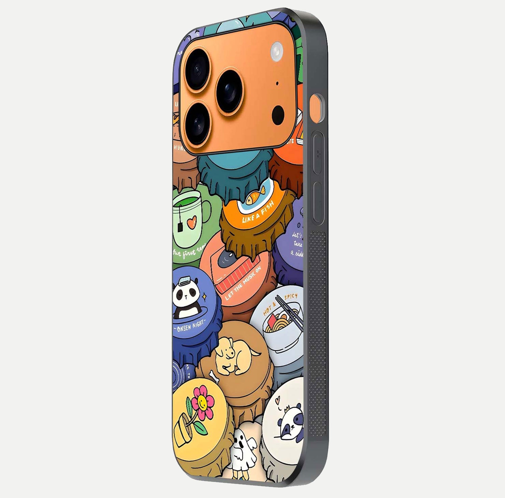 Coins Patterns Glass Case for iPhone 17 Pro Max side-angle photo capturing shine finish and curve glow
