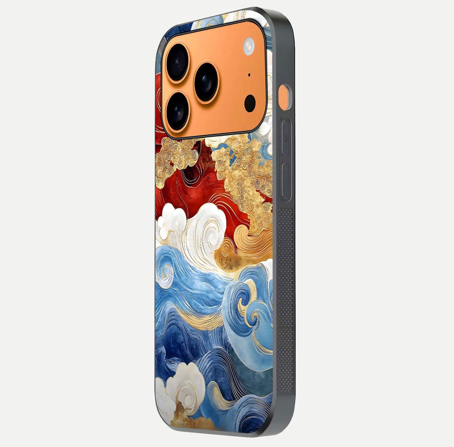 Colored Waves Glass Case for iPhone 17 Pro Max side-angle image showing light reflection, edge design, and shine