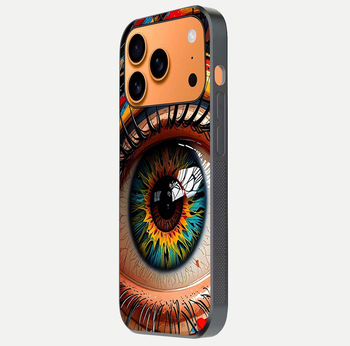 Colorful Eye Glass Case for iPhone 17 Pro Max side-angle photo showing reflective surface and design detail