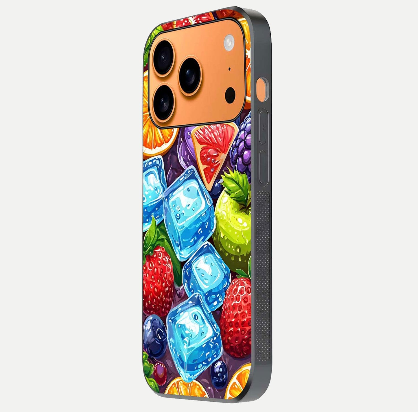 Colorful Fruits with Ice Glass Case for iPhone 17 Pro Max side-angle photo showing curve gloss and vivid tones