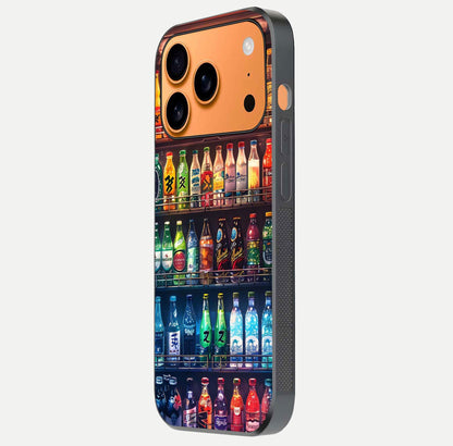 Colorful Soda Bottles Glass Case for iPhone 17 Pro Max side-angle photo showing polish shine and texture depth