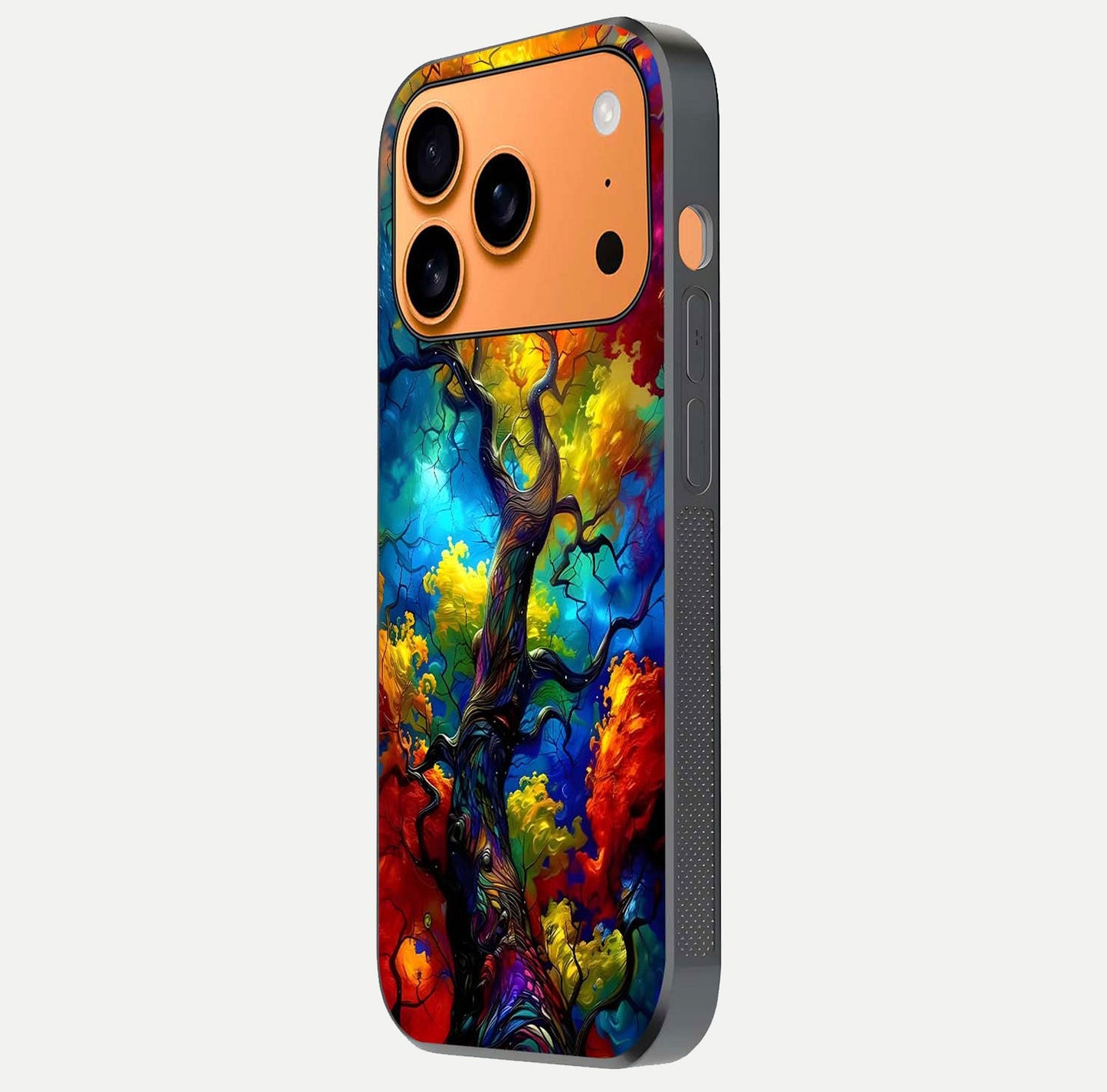 Colorful Tree Glass Case for iPhone 17 Pro Max side-angle image showing curve reflection and fine print texture