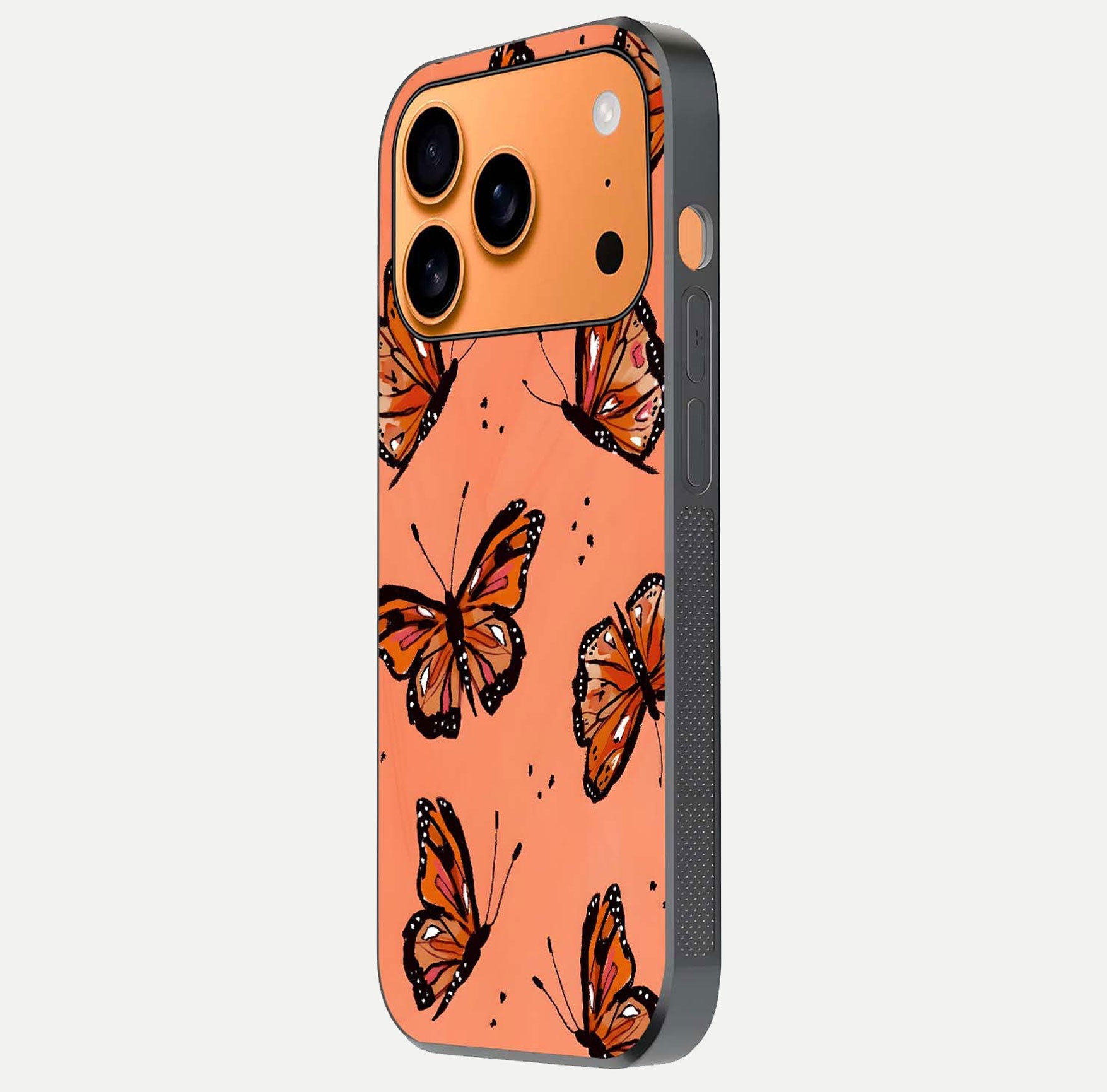 Coral Wing Butterfly Glass Case for iPhone 17 Pro Max side-angle photo showing reflective finish and smooth edges
