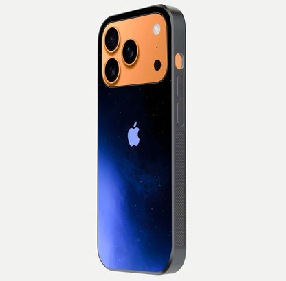 Cosmic Blue Apple Glass Case for iPhone 17 Pro Max side-angle image showing curve polish and star detail