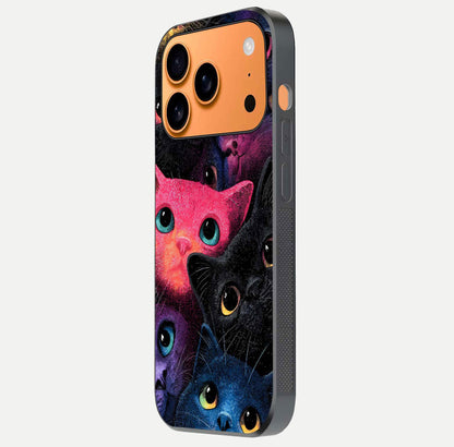 Cosmic Cats Dreams Glass Case for iPhone 17 Pro Max side-angle photo showing edge gloss and color depth
