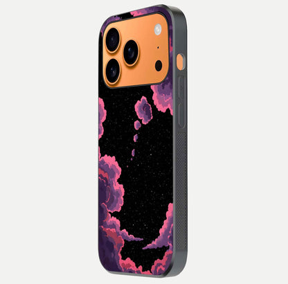 Cosmic Cloud Journey Glass Case for iPhone 17 Pro Max side-angle photo showing glass reflection and smooth tone