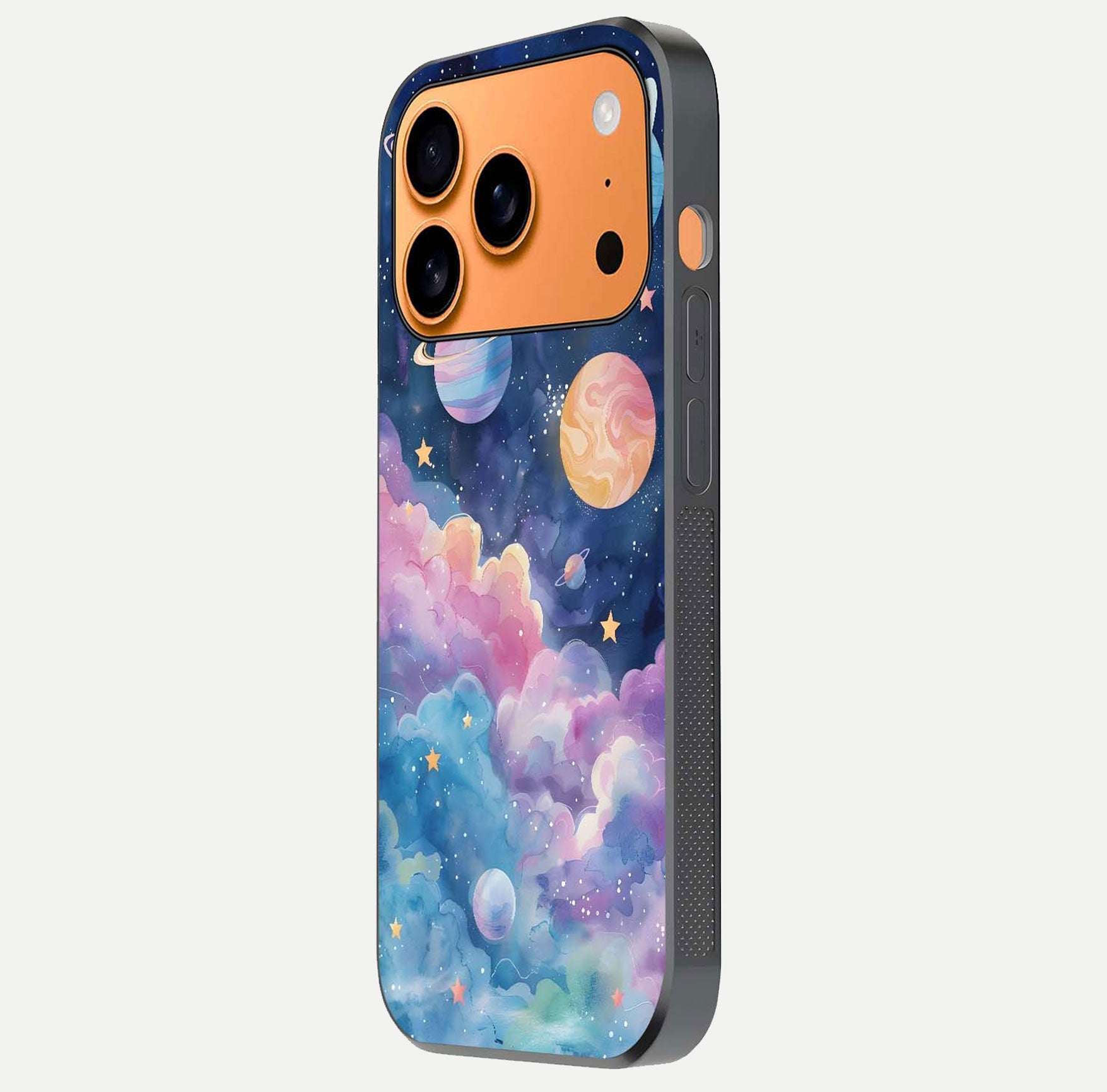 Cosmic Planet Dreams Glass Case for iPhone 17 Pro Max side-angle image showing texture clarity and shine