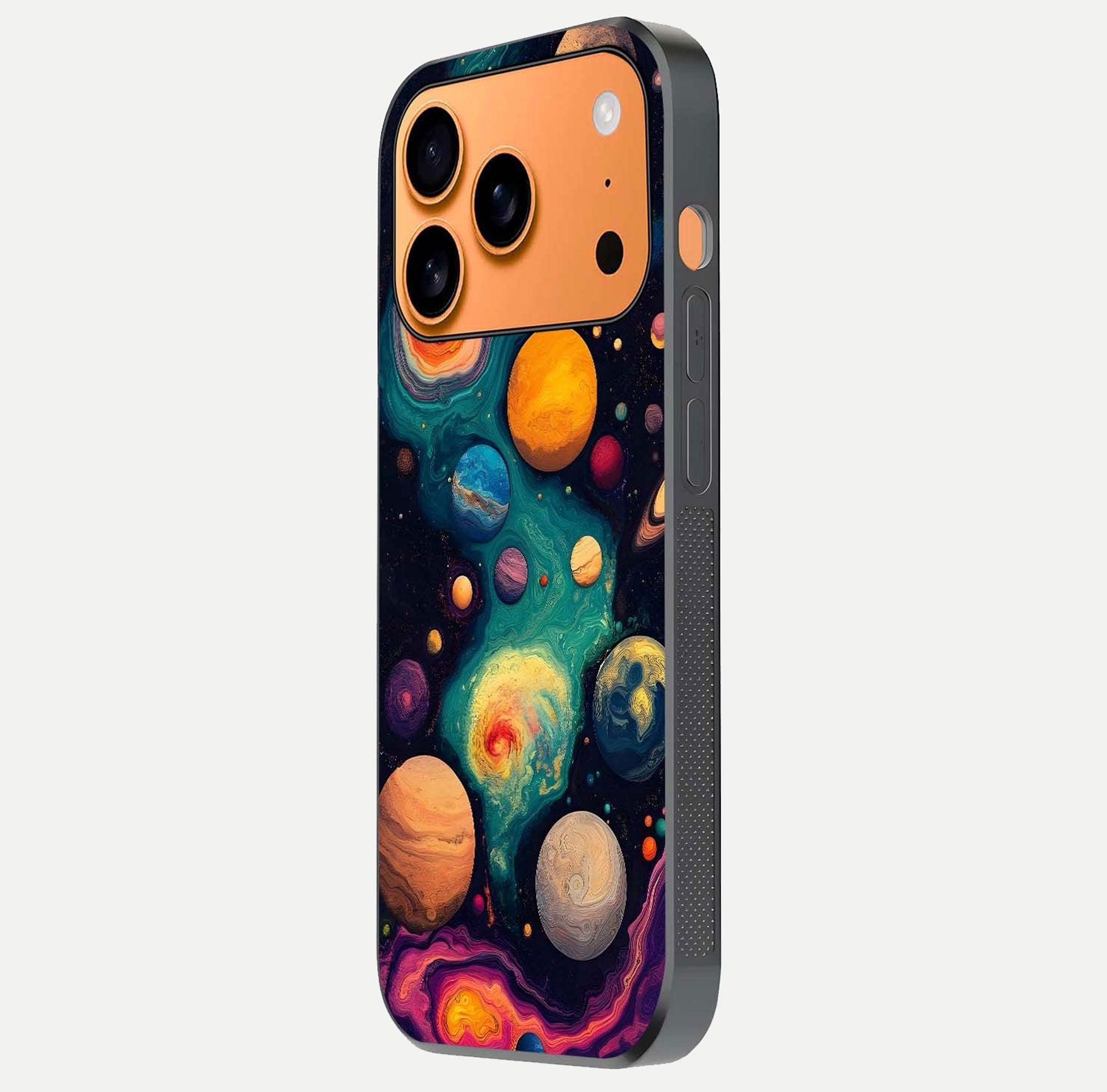Cosmic Planet Journey Glass Case for iPhone 17 Pro Max side-angle image capturing smooth gloss and reflective edges