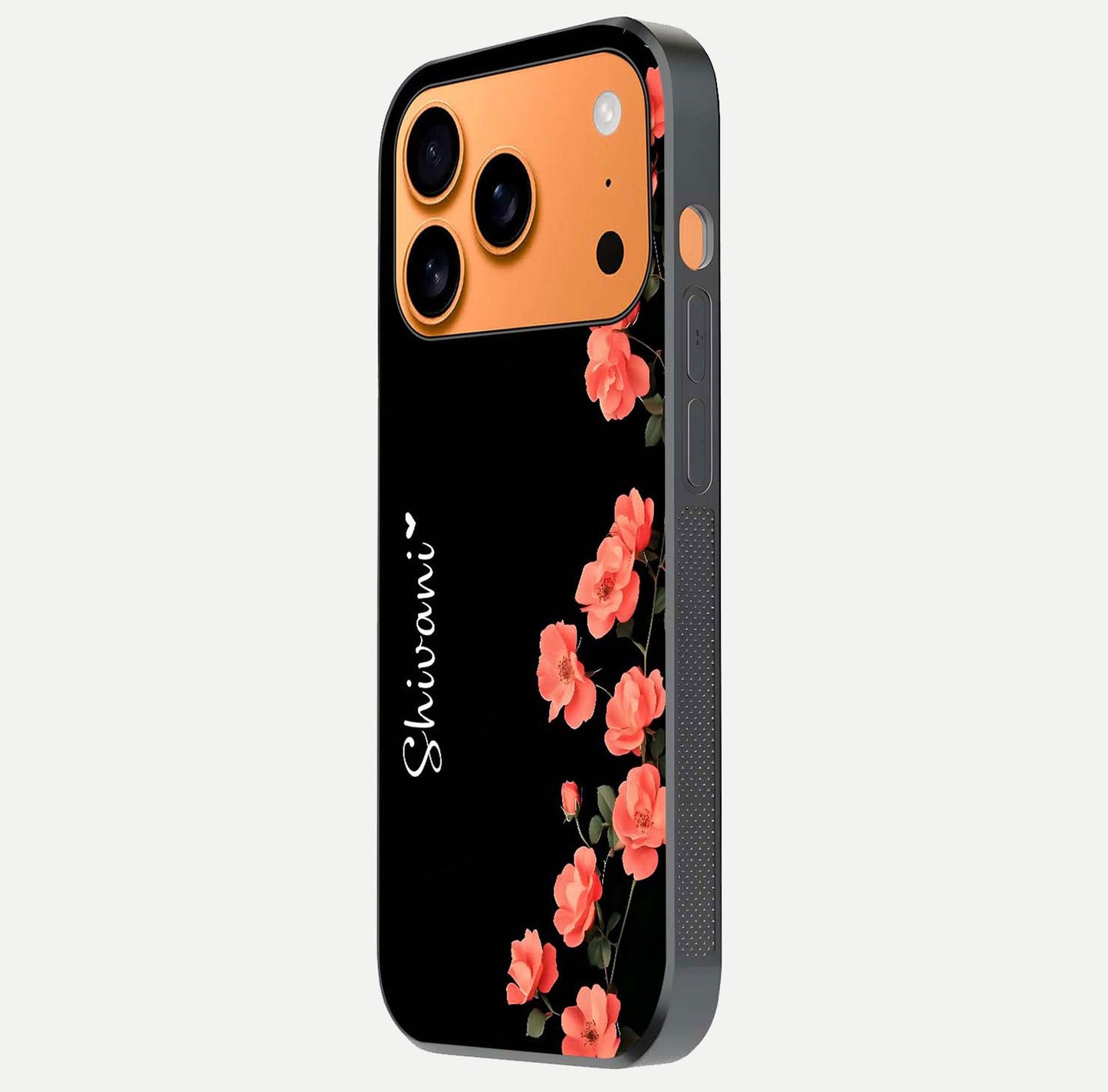 Crimson Bloom Grace Custom Name Glass Case for iPhone 17 Pro Max side-angle photo capturing edge glow and name clarity