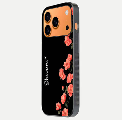 Crimson Bloom Grace Custom Name Glass Case for iPhone 17 Pro Max side-angle photo capturing edge glow and name clarity