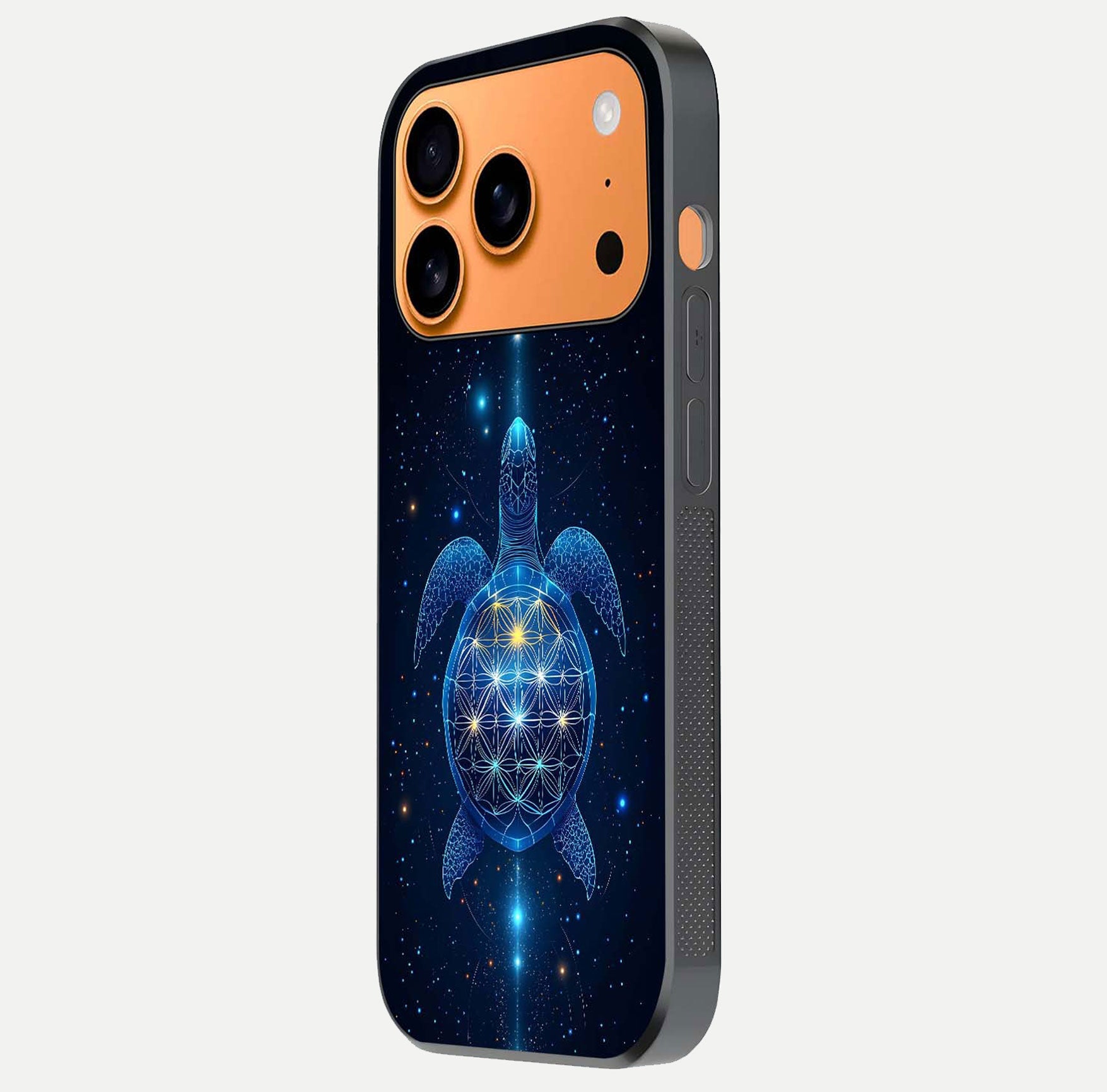 Crimson Blue Turtle Glass Case for iPhone 17 Pro Max side-angle photo showing curved edge and glass gloss