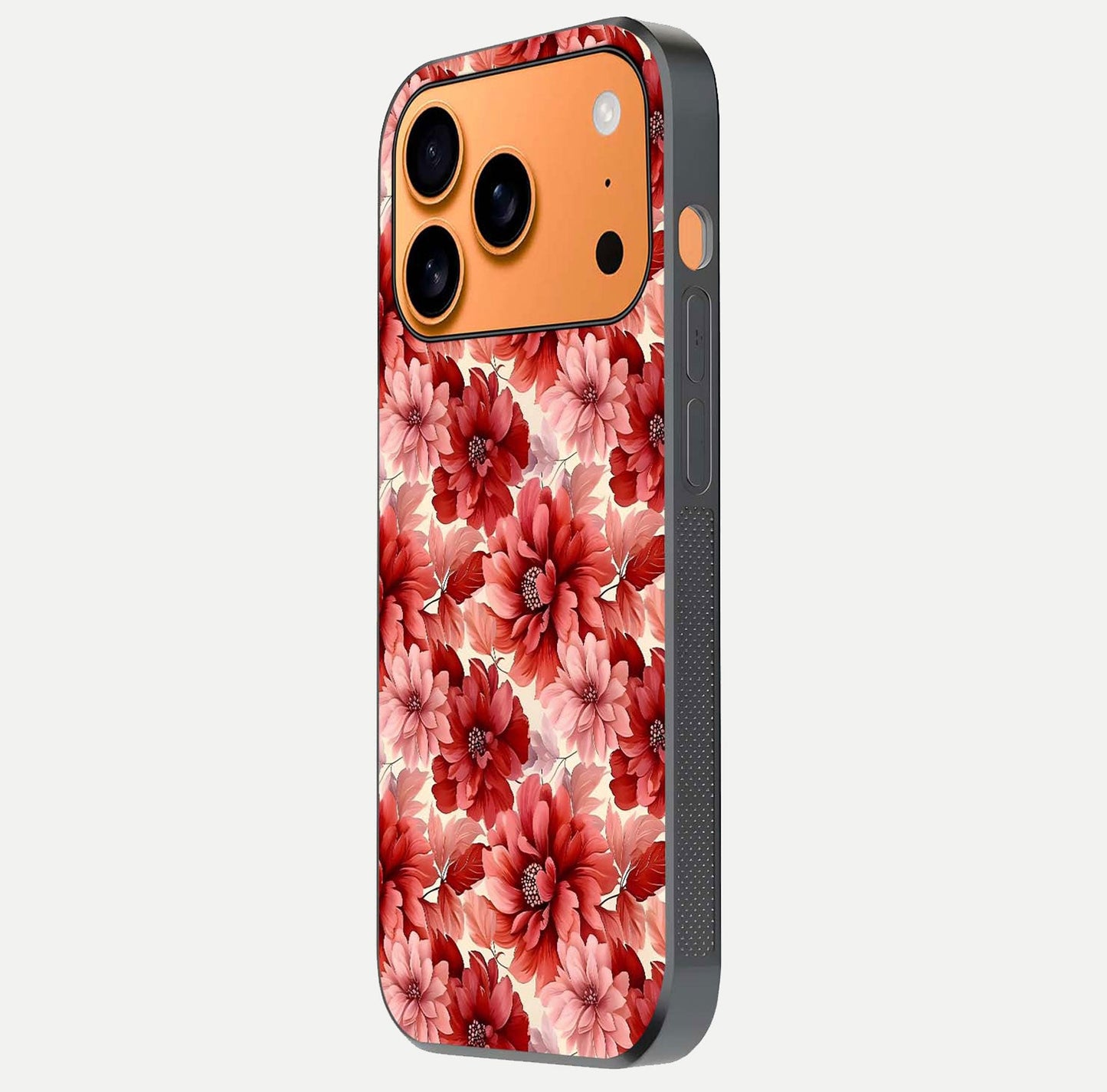 Crimson Love Petals Glass Case for iPhone 17 Pro Max side-angle photo showing reflection glow and edge clarity