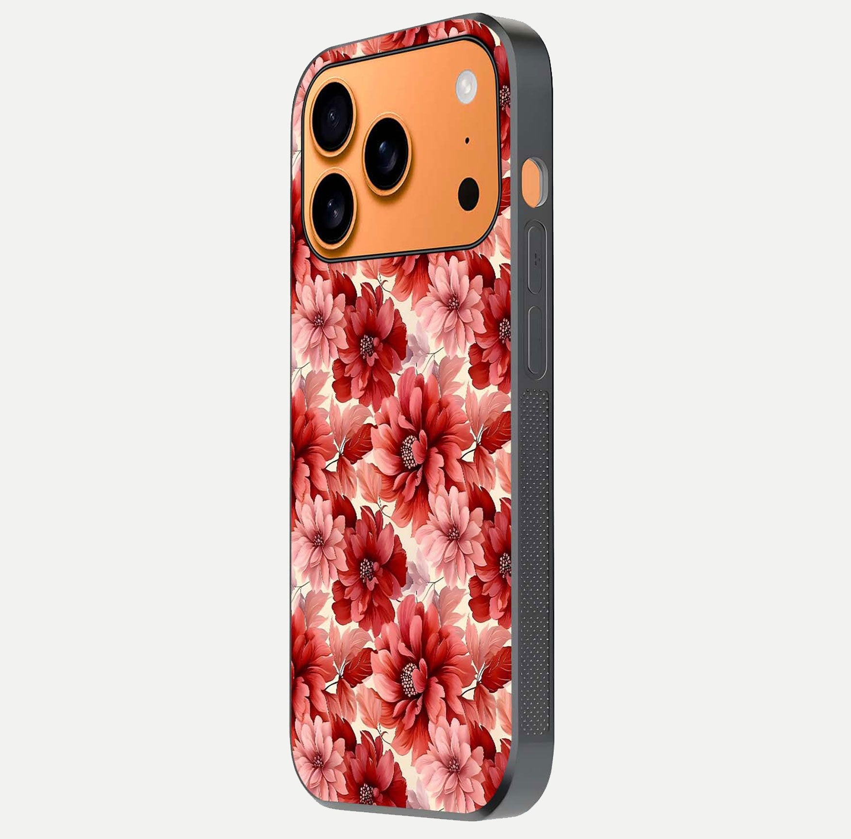 Crimson Love Petals Glass Case for iPhone 17 Pro Max side-angle photo showing reflection glow and edge clarity