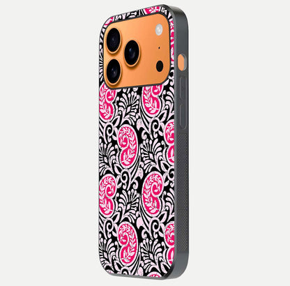 Crimson Paisley Charm Glass Case for iPhone 17 Pro Max side-angle image showing reflection and smooth edges
