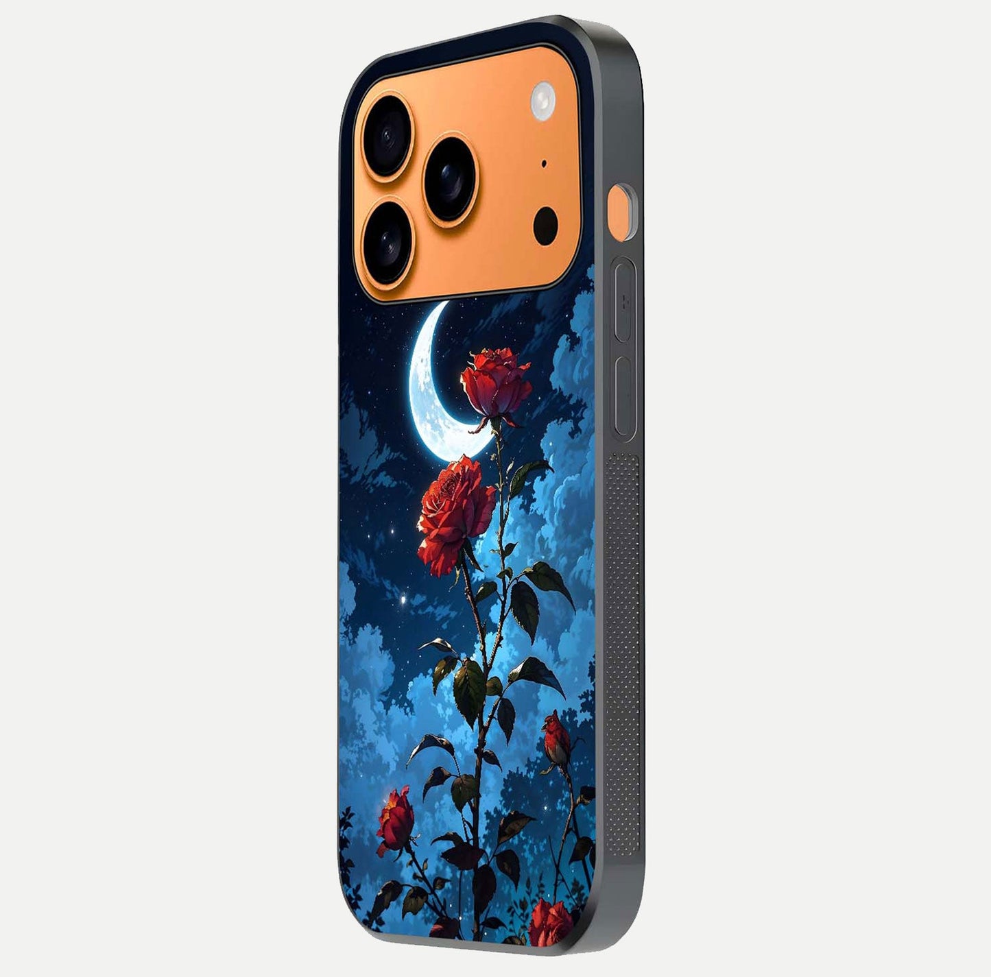 Crimson Rose Moon Glass Case for iPhone 17 Pro Max side-angle photo showing reflective texture and smooth curve
