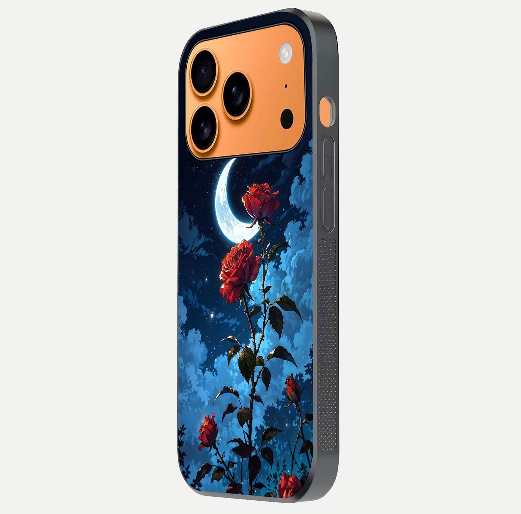 Crimson Rose Moon Glass Case for iPhone 17 Pro Max side-angle photo showing reflective texture and smooth curve