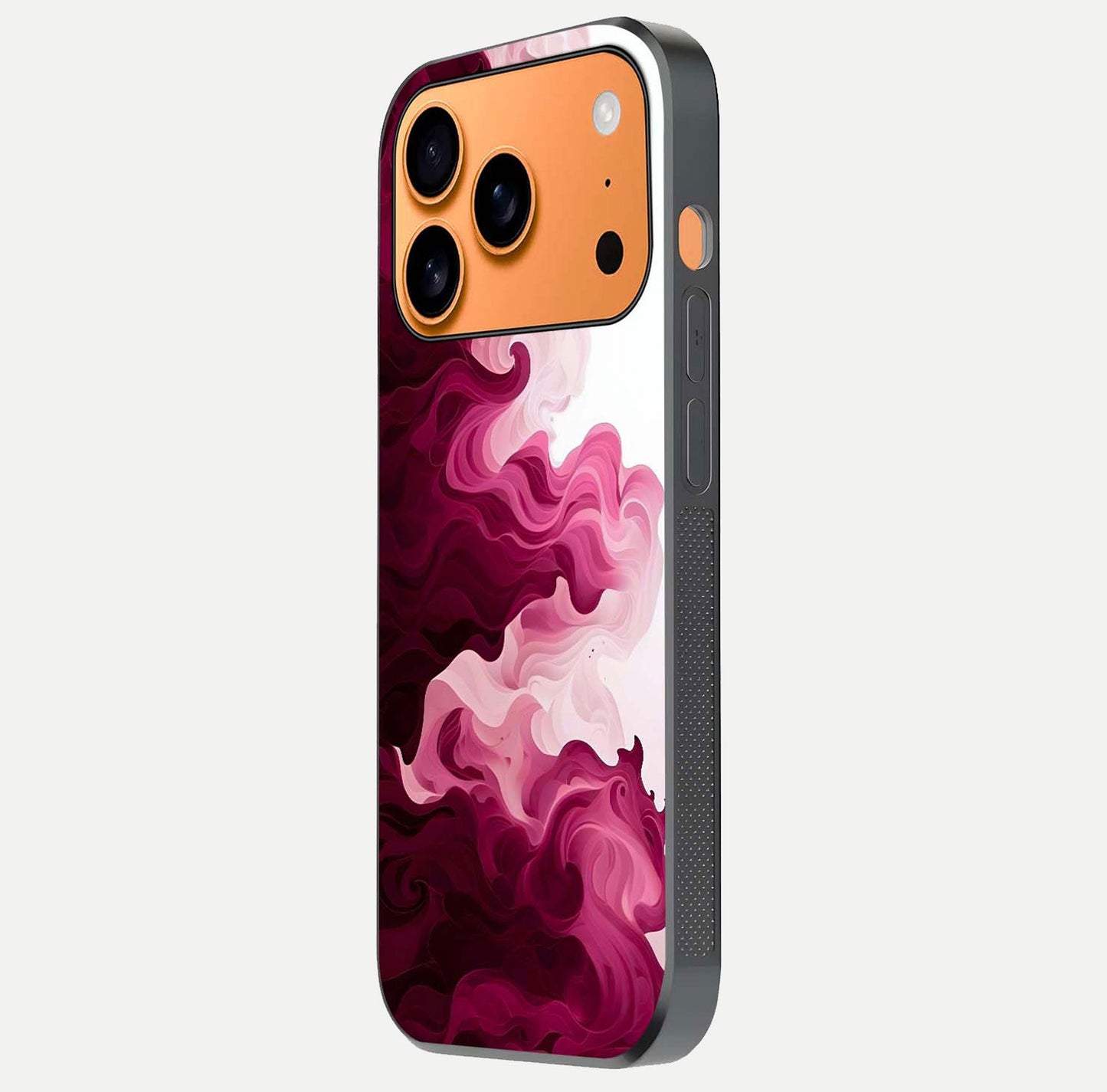 Crimson Wave Flow Glass Case for iPhone 17 Pro Max side-angle photo showing reflection glow and HD finish