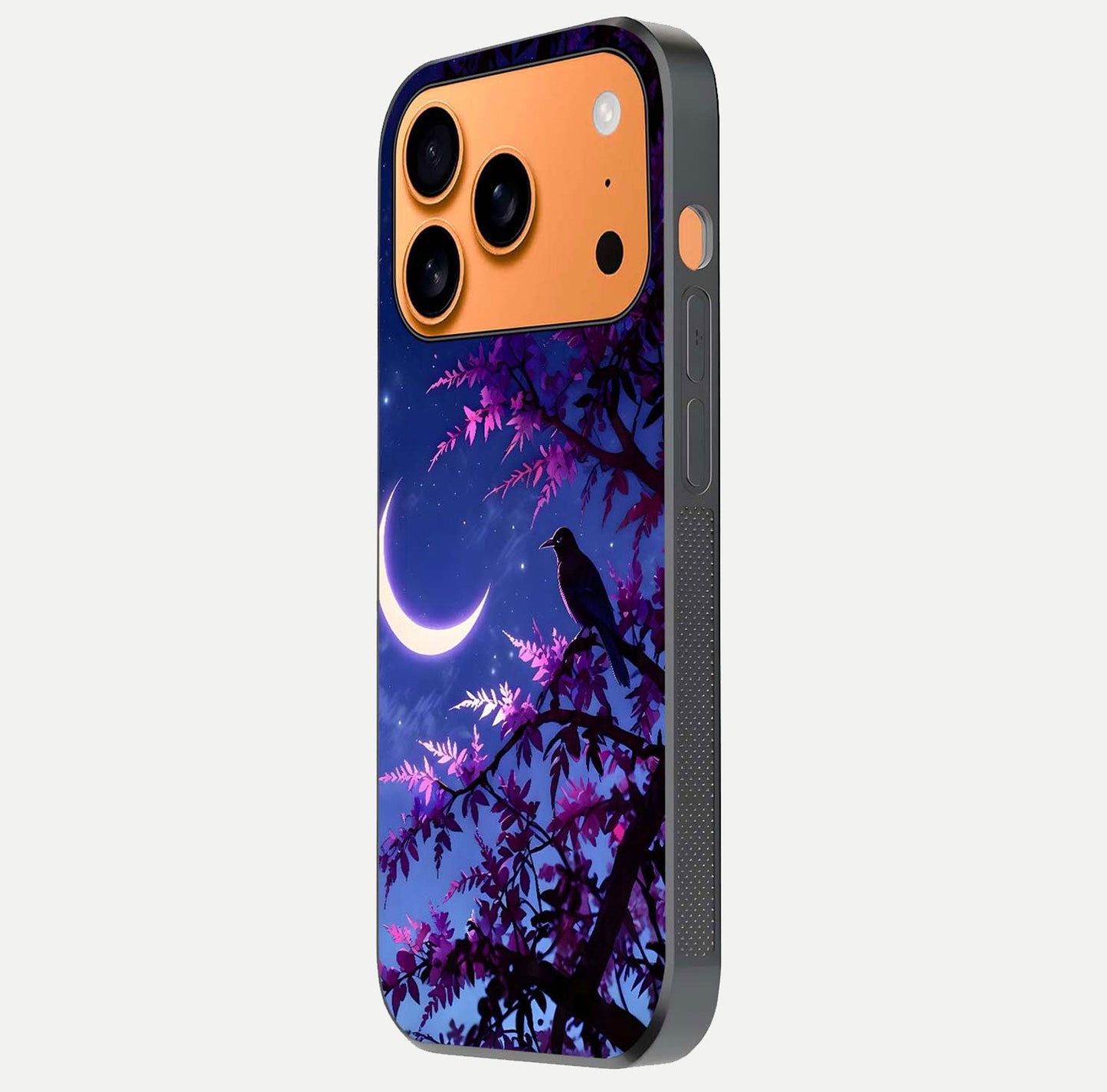 Crow & Moon Scenery Glass Case for iPhone 17 Pro Max side-angle photo capturing glossy shine and artistic contrast