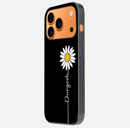 Custom Name White Flower Glass Case for iPhone 17 Pro Max side-angle photo showing reflection shine and name clarity